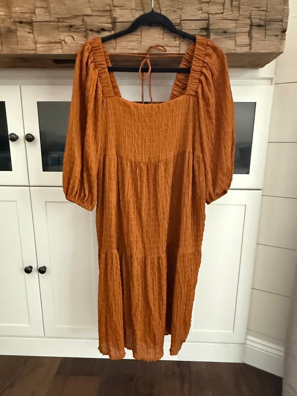 Momni Rust Puff Sleeve Textured Mini Dress S Boho Tiered Square Neck